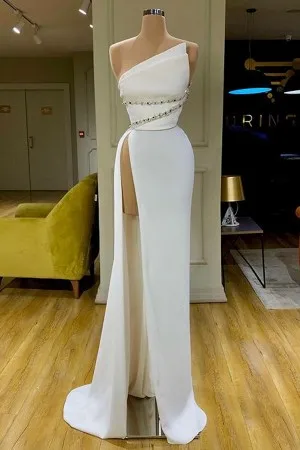 asymmetrical white satin split sheath prom dress