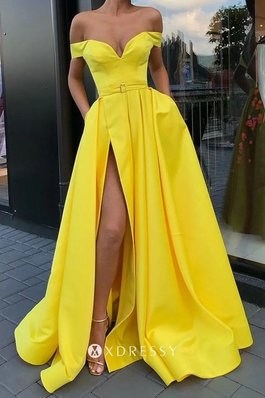 off shoulder high slit yellow satin long prom dress