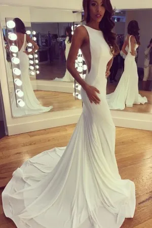 boat neck side cut out long train white prom dress