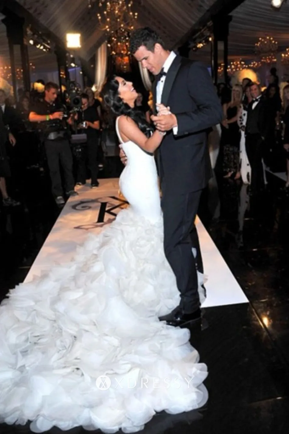 chapel train ruffled organza trumpet wedding dress