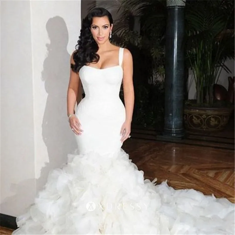 modern ruffled organza trumpet chapel train wedding dress