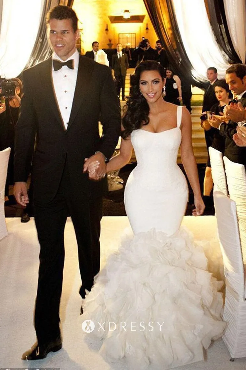 white lace ruffled organza trumpet chapel train wedding dress