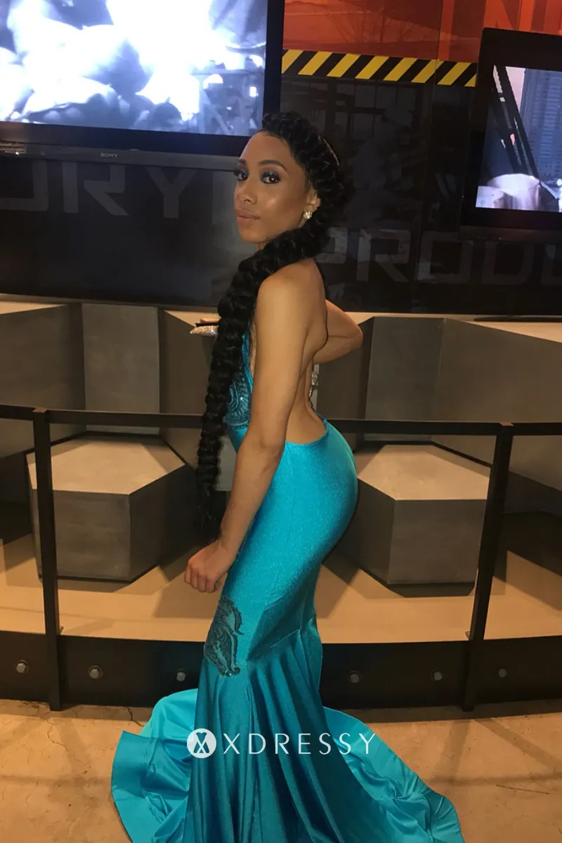 backless turquoise satin halter neck mermaid prom dress backless turquoise satin halter neck mermaid prom dress