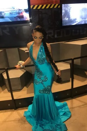 turquoise satin halter V neck mermaid prom dress