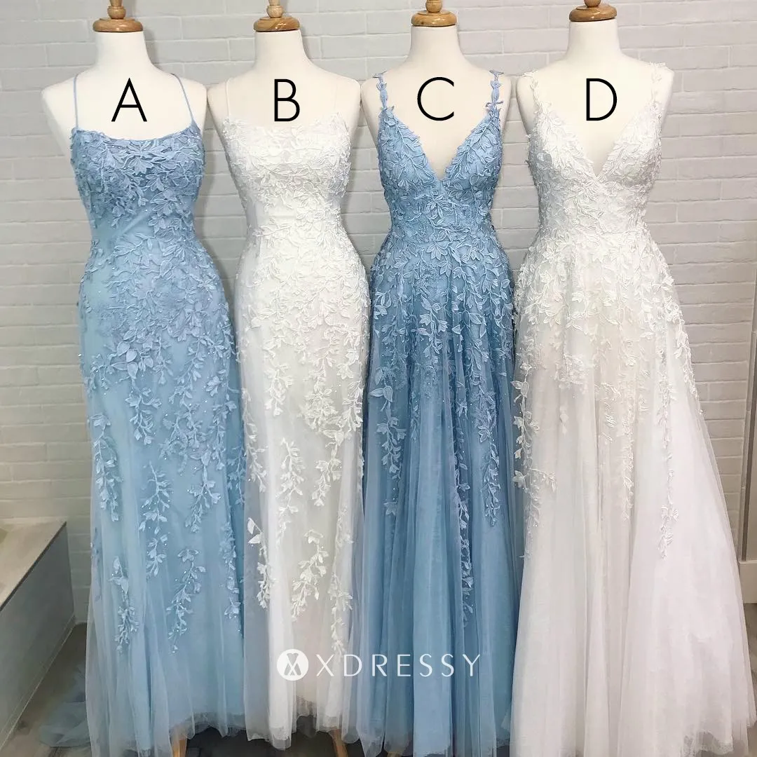 blue lace tulle simple A line long prom dress blue lace tulle simple A line long prom dress