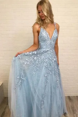 blue lace tulle simple A line long prom dress