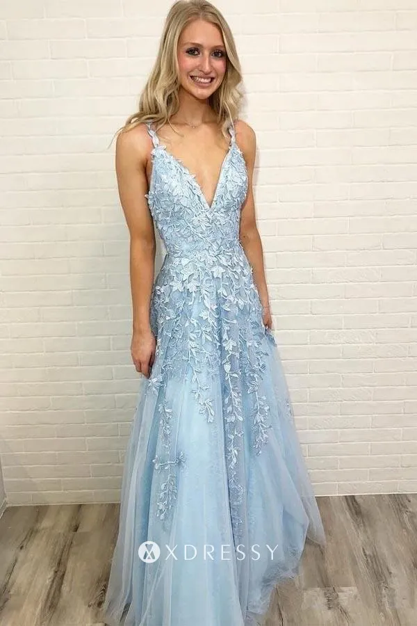 blue lace tulle simple A line long prom dress blue lace tulle simple A line long prom dress