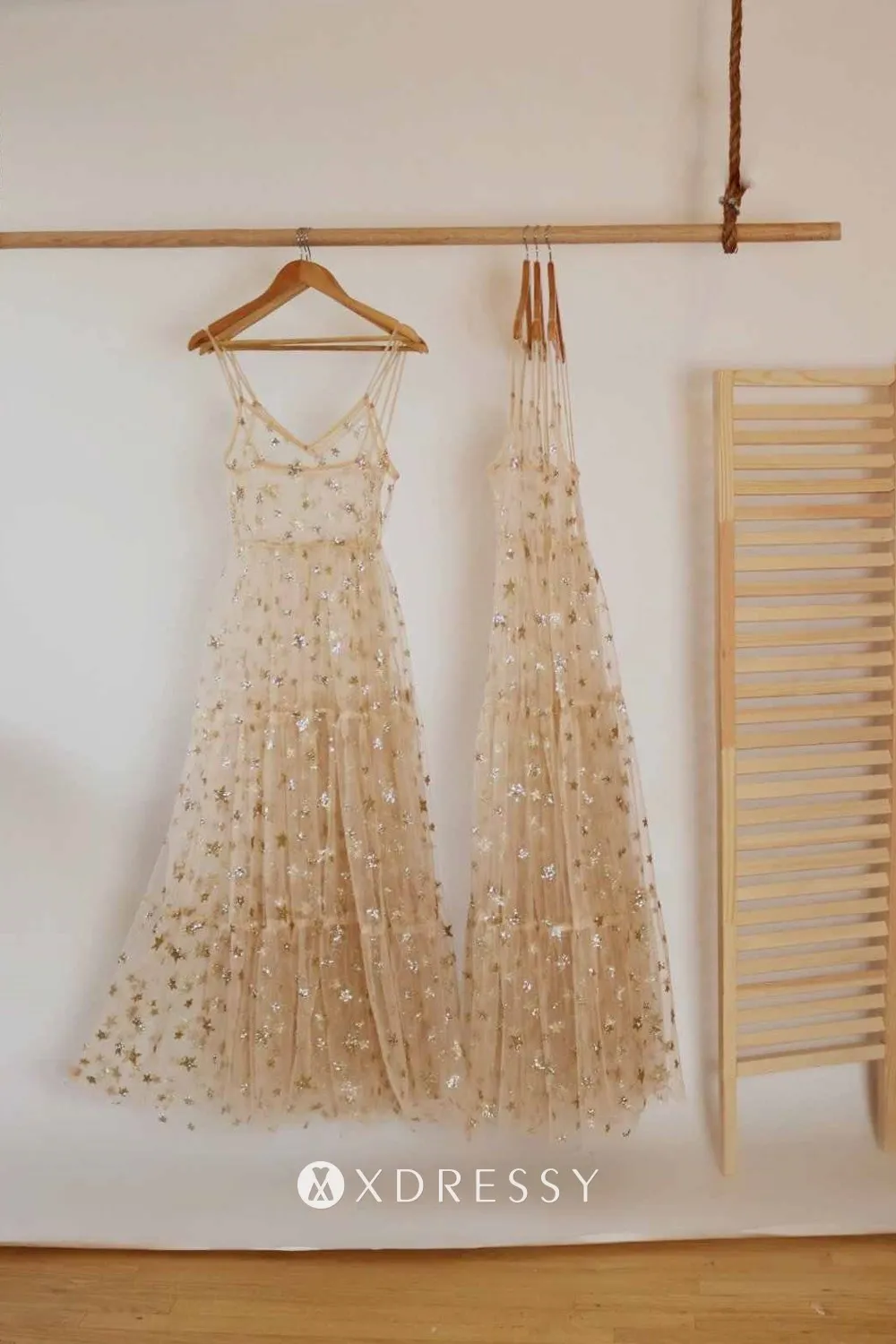 sheer light yellow tulle with stars puffy prom dress