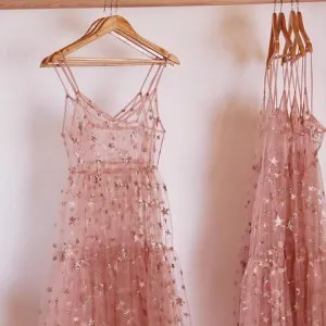 sheer nude pink tulle with stars puffy prom dress