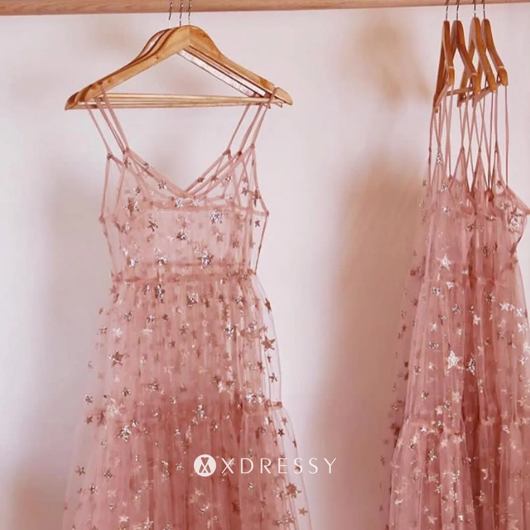 sheer nude pink tulle with stars puffy prom dress