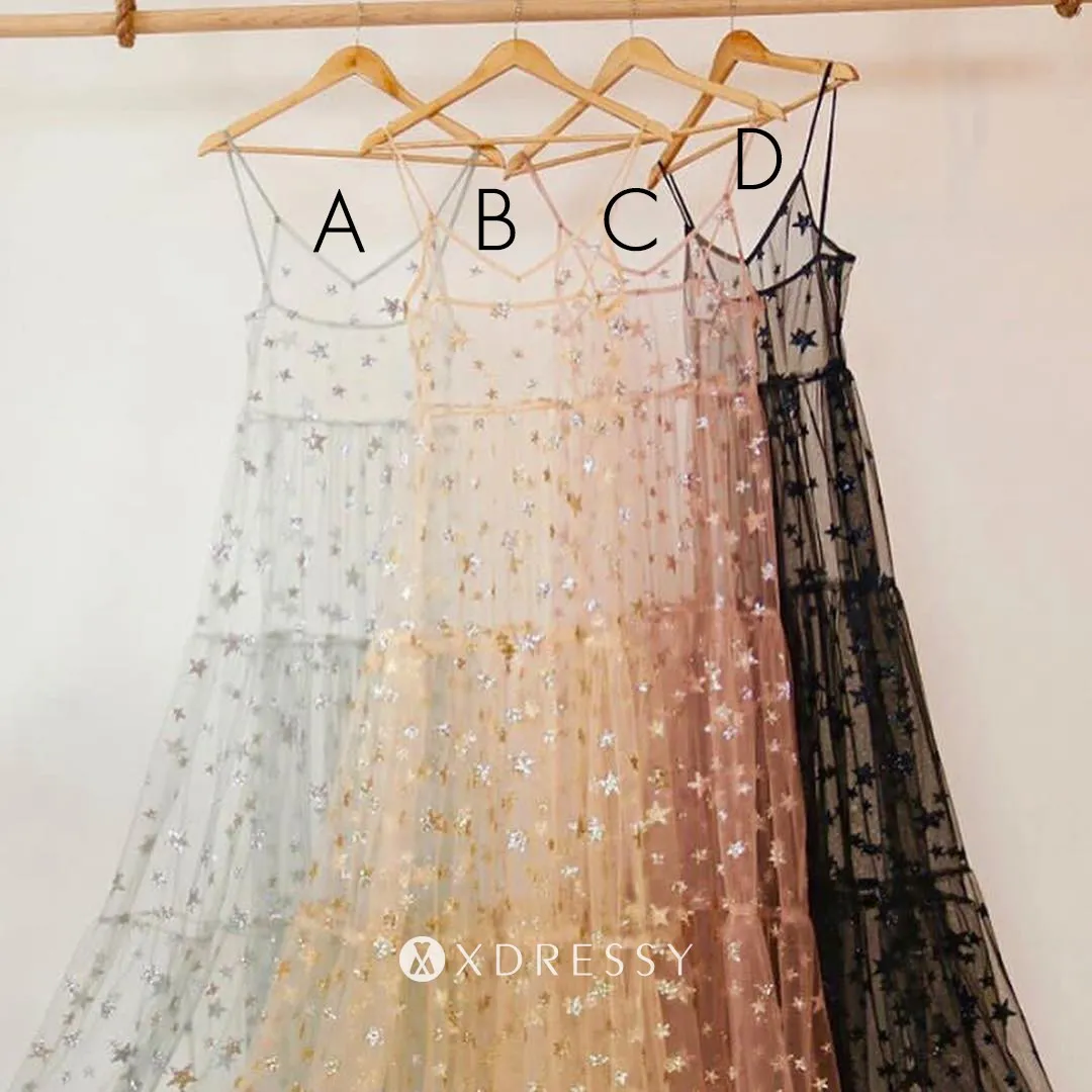 sheer tulle with stars puffy prom dress
