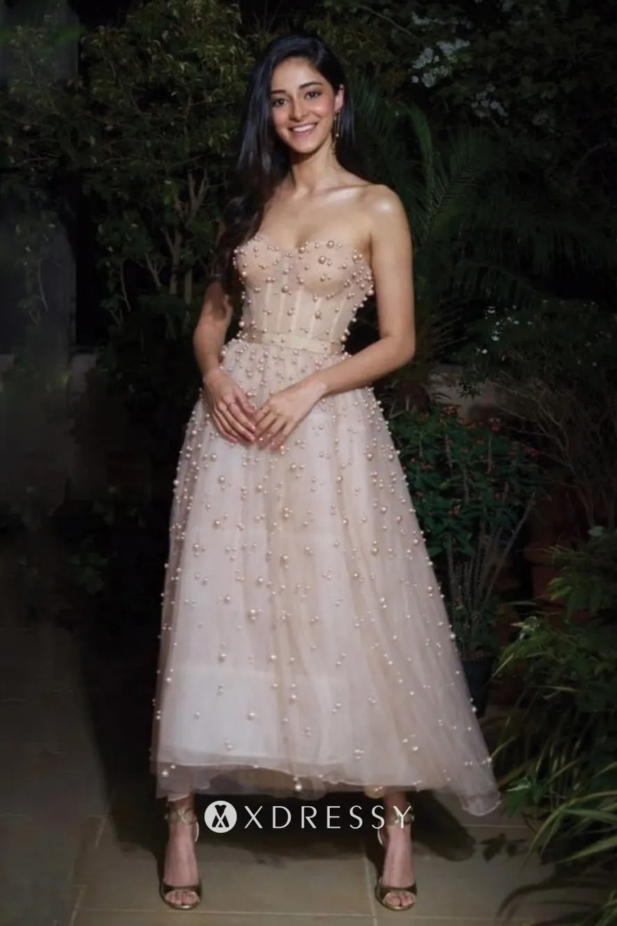 pearls nude tulle ankle length prom party dress