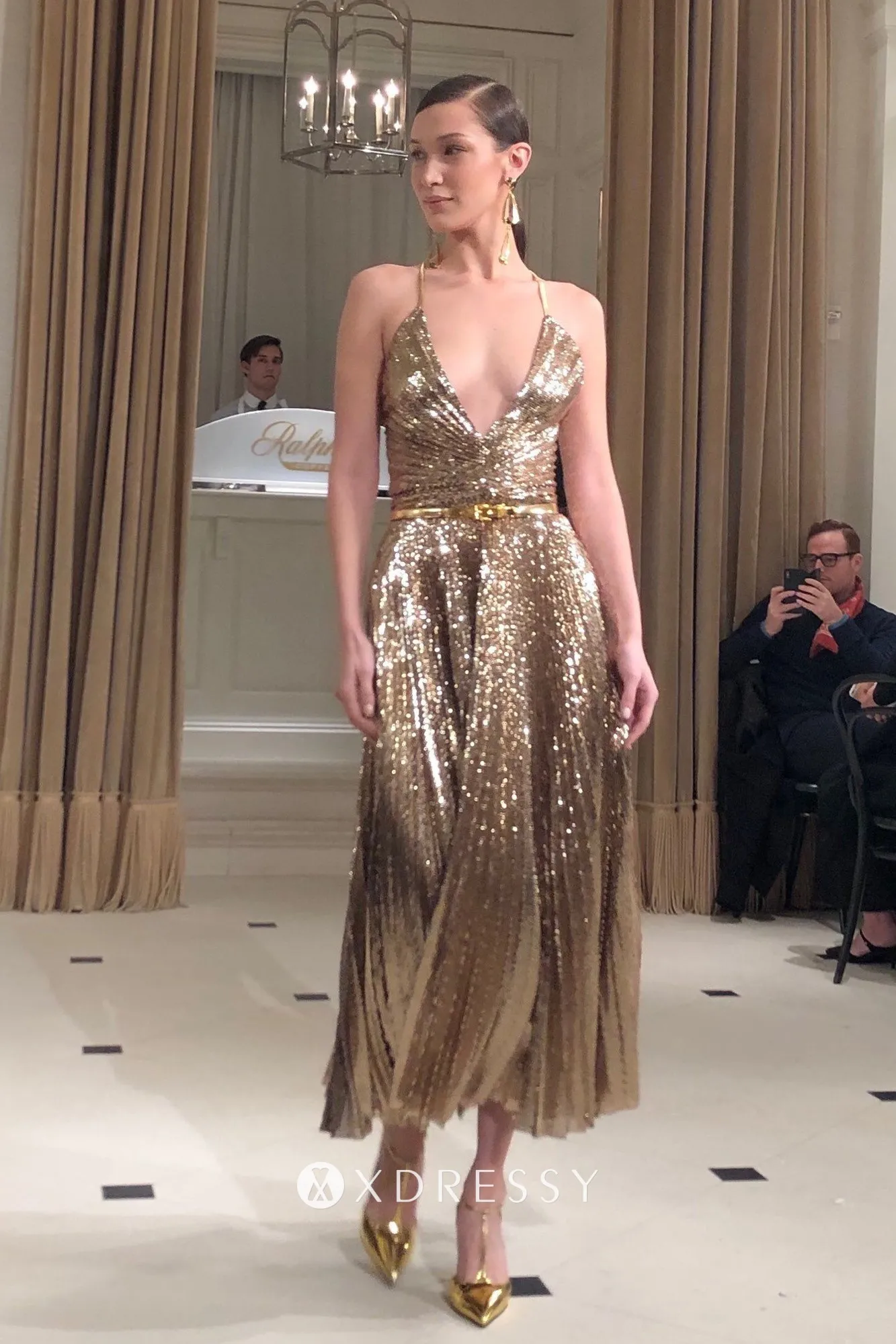 sparkly gold glitter plunging neck ankle length prom dress