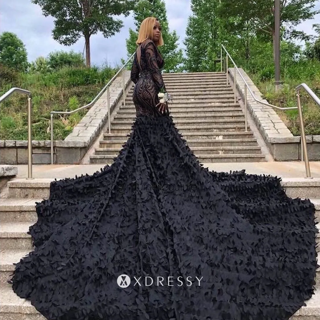 Black Sequin & Petals Skirt Long Train Prom Dress Xdressy