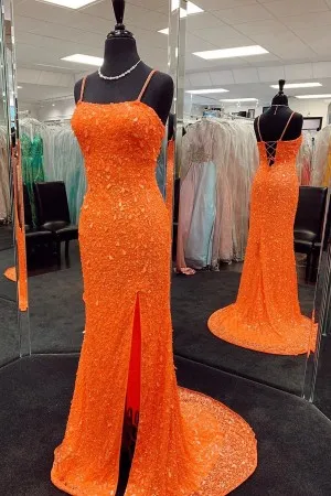 sparkly orange sequin high slit sheath prom dress