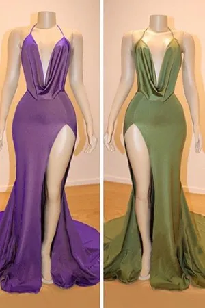 cowl neck high slit shiny satin mermaid prom dress