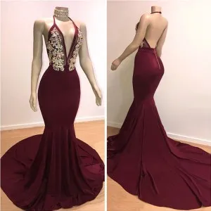 backless beaded bodice burgundy mermaid prom dress