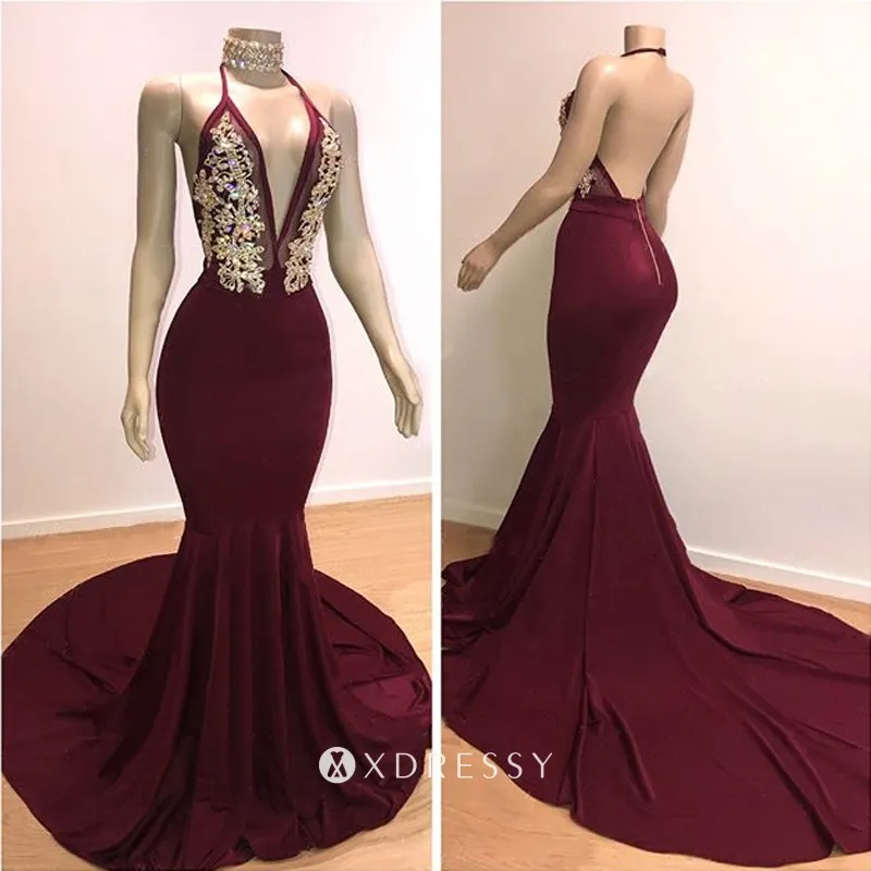 Backless Beaded Bodice Burgundy Mermaid Prom Dress - Xdressy