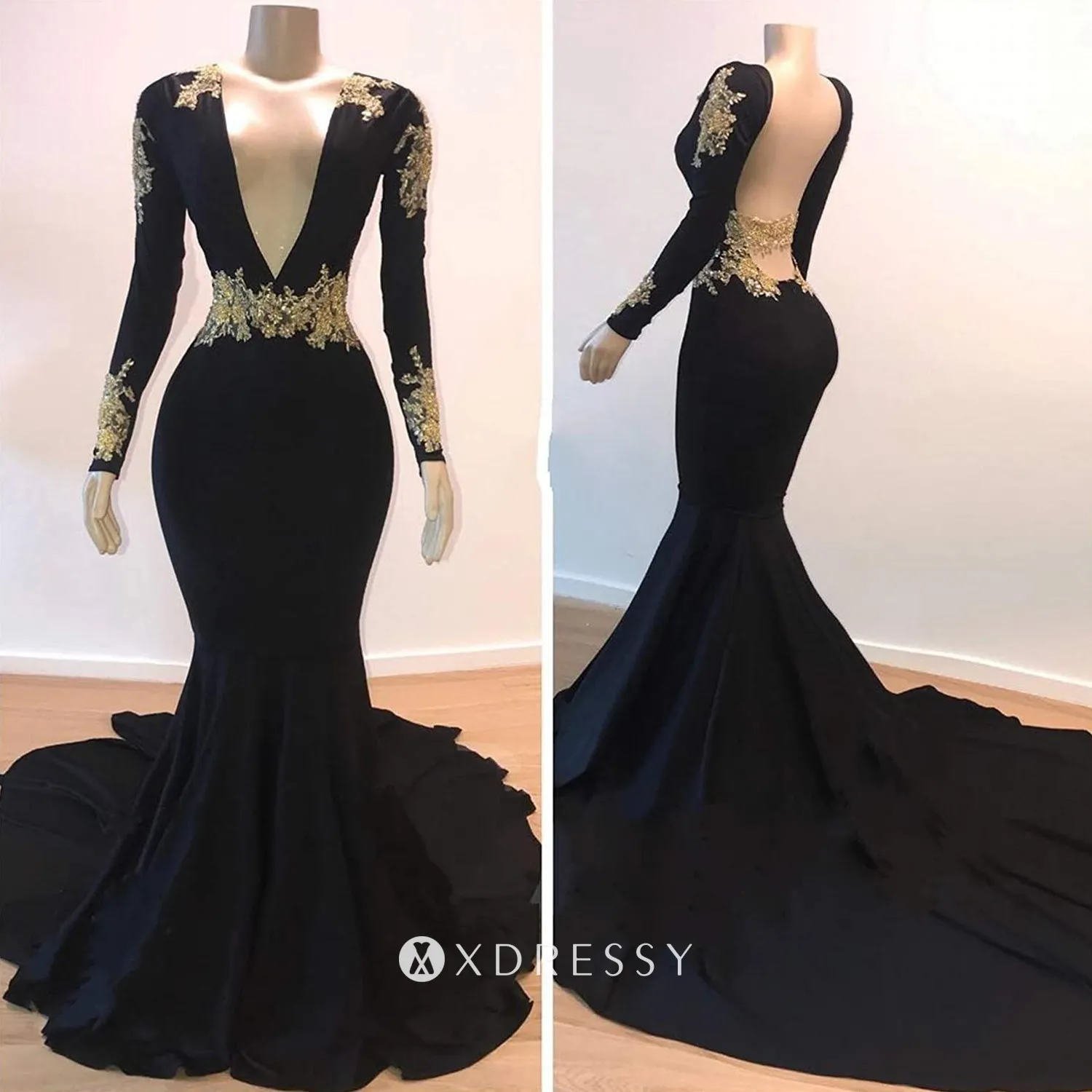 backless gold lace black spandex mermaid prom gown backless gold lace black spandex mermaid prom gown