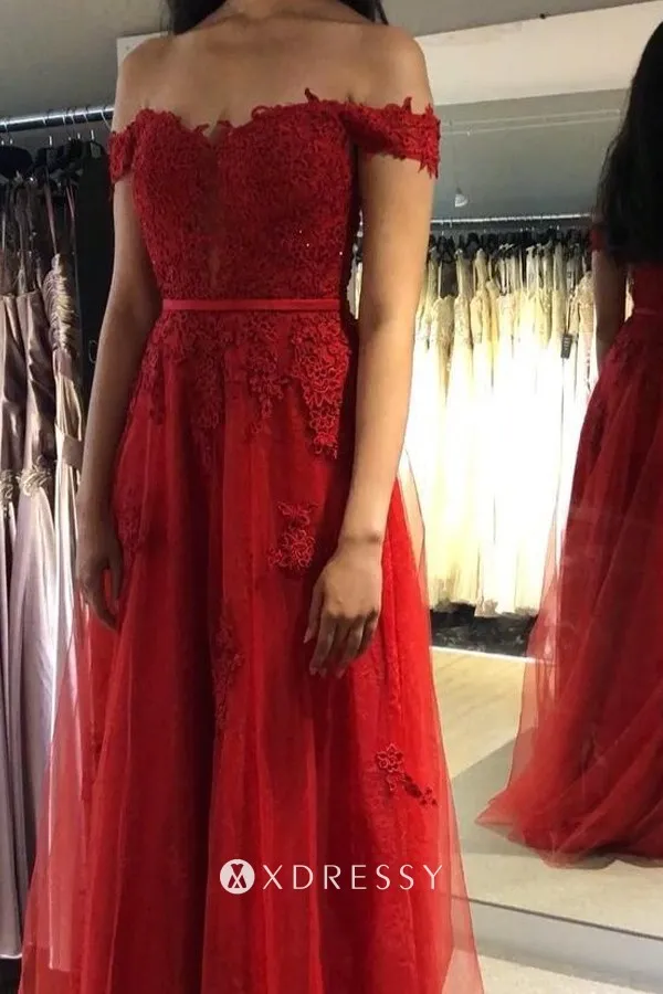 off the shoulder red lace tulle A line prom dress