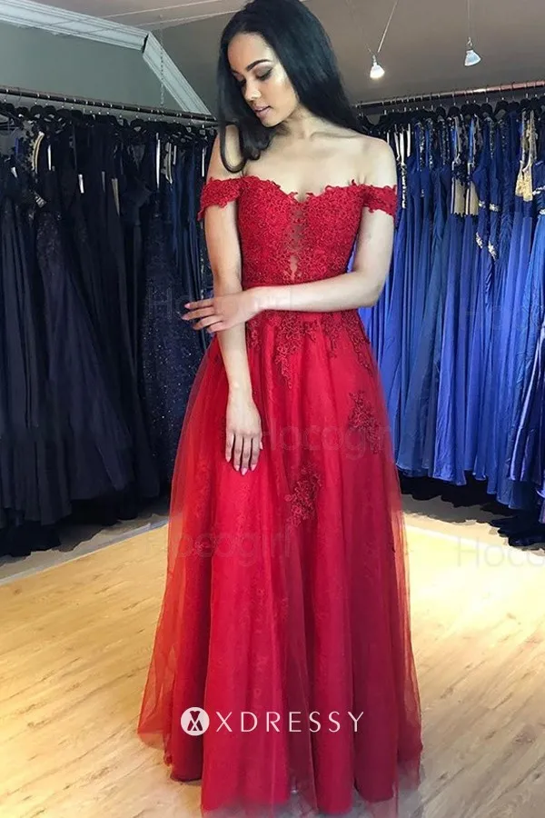 red lace tulle off the shoulder bridesmaid dress