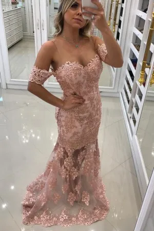Strapless Lace Pearls Nude Pink Mermaid Prom Dress - Xdressy