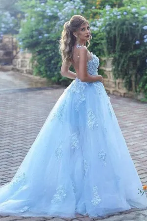 sky blue lace tulle sweetheart engagement dress