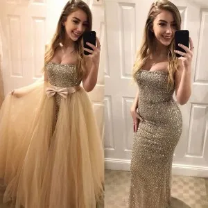 champagne gold beading sheath prom gown tulle overskirt