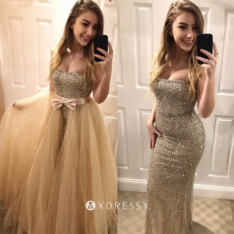 champagne gold beading sheath prom gown tulle overskirt champagne gold beading sheath prom gown tulle overskirt