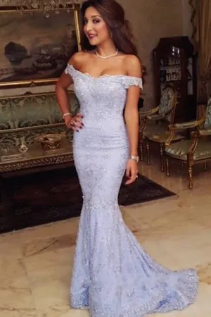off shoulder lavender lace mermaid evening dress