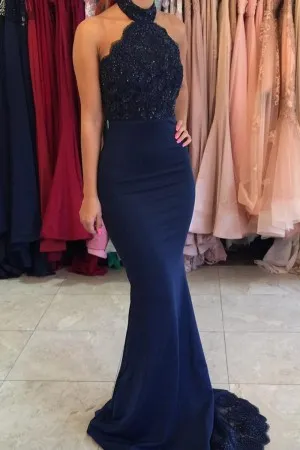 navy blue scalloped lace spandex mermaid bridesmaid gown