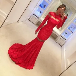 red lace long sleeve cut outs mermaid prom dress