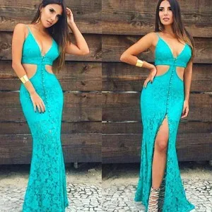 cyan blue lace cut outs split mermaid prom dress