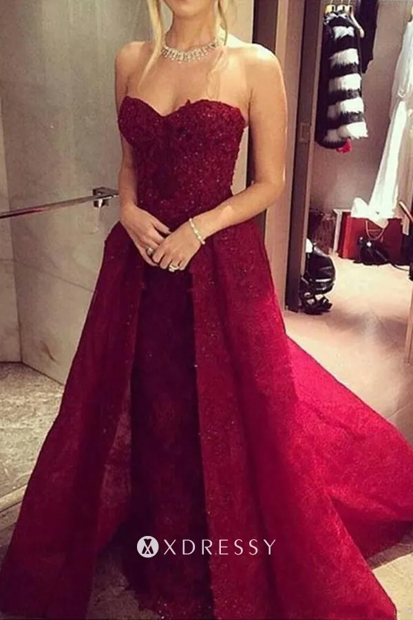 dark red lace strapless sheath overskirt prom gown dark red lace strapless sheath overskirt prom gown