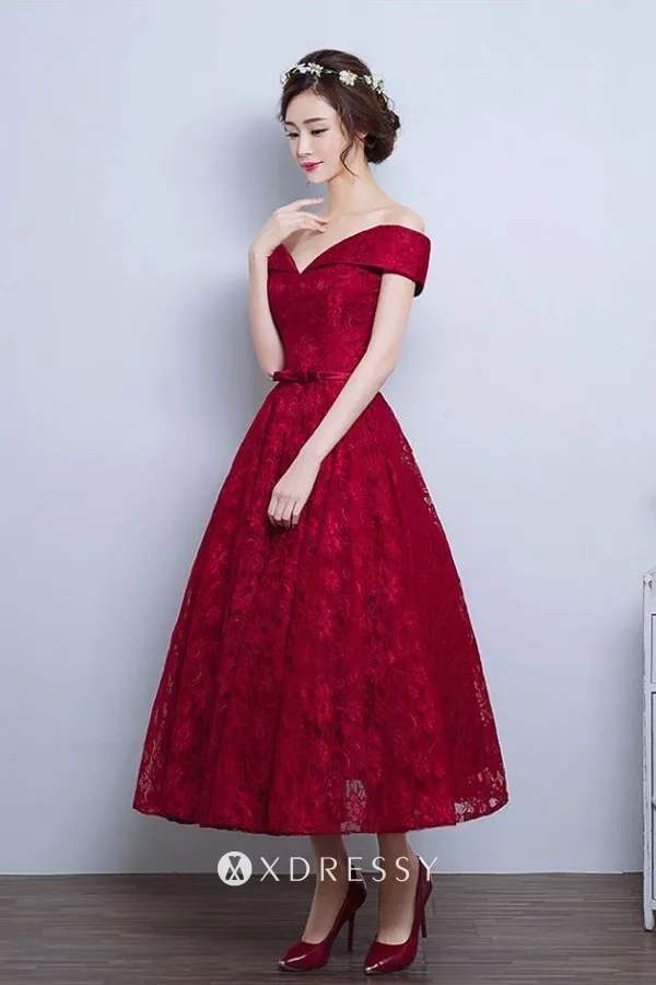 ankle length off shoulder red lace homecoming gown ankle length off shoulder red lace homecoming gown