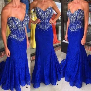 beaded royal blue lace strapless mermaid prom gown