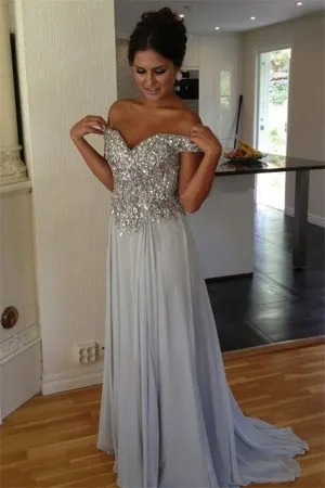 beaded off shoulder grey chiffon A line prom dress
