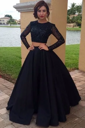 Beaded Two piece Long Sleeve Black Prom Ball gown