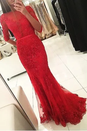 illusion neck half sleeve beaded lace prom dress