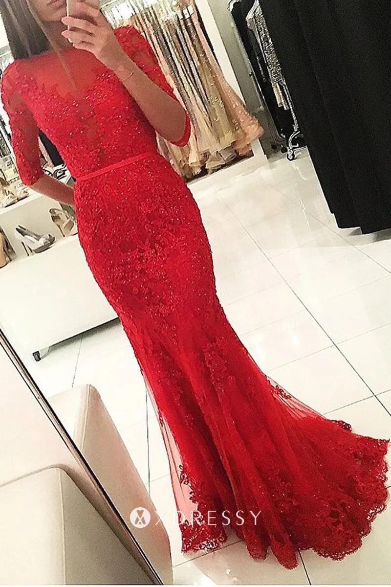 Illusion Neck Half Sleeve Beaded Lace 