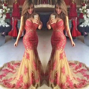 Red Lace Nude Tulle Mermaid Long Train Prom Dress