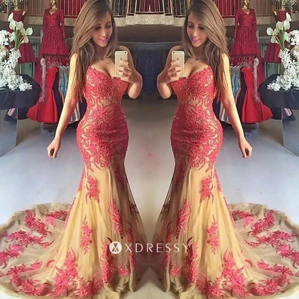 Red Lace Nude Tulle Mermaid Long Train Prom Dress Red Lace Nude Tulle Mermaid Long Train Prom Dress
