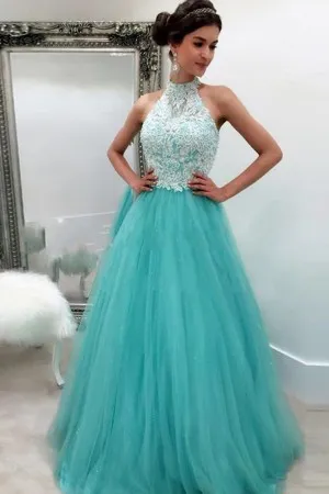 white lace cyan blue tulle A line cute prom dress