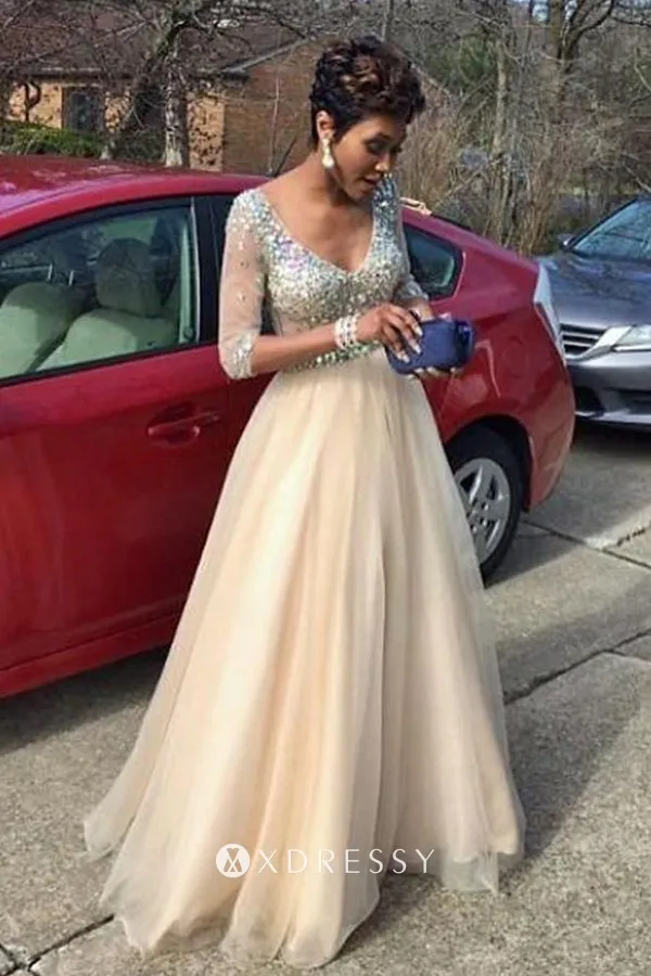 Beaded Nude Tulle V Neck Half Sleeve 