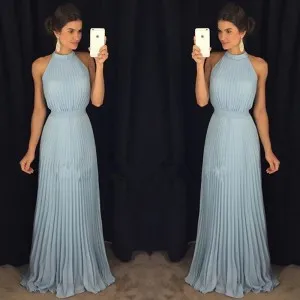 halter neck pleated dusty blue simple prom dress