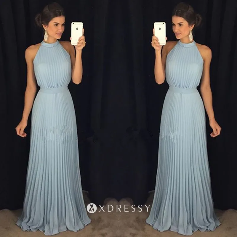halter neck pleated dusty blue simple prom dress halter neck pleated dusty blue simple prom dress