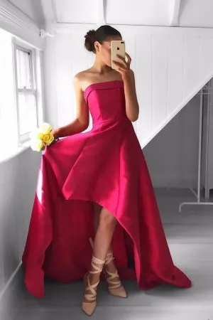strapless lipstick red high low fashion prom dress