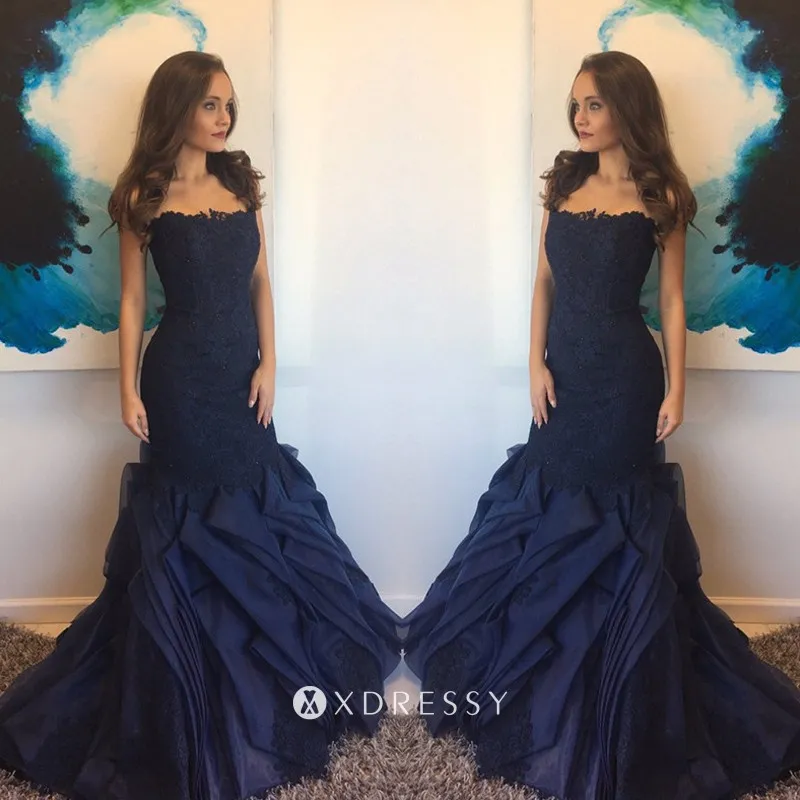 strapless navy blue lace flanged organza trumpet prom gown strapless navy blue lace flanged organza trumpet prom gown