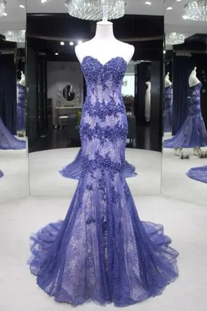 pearled sheer blue lace white lining long prom dress