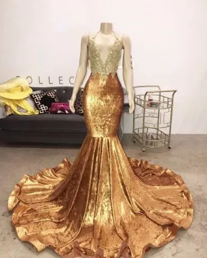 beaded illusion bodice gold velvet long prom dress